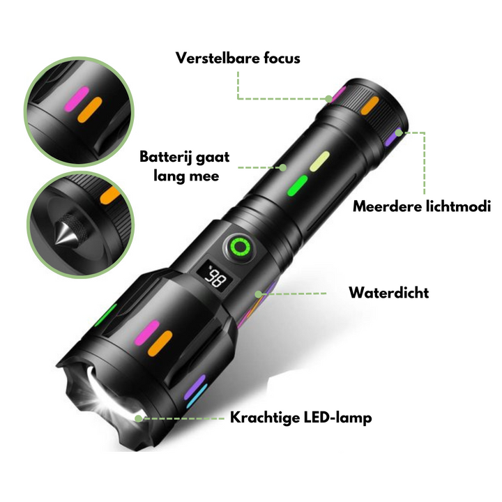 Led Zaklamp met Energieweergave - Oplaadbare , Krachtige Zaklamp met Glasbreker & Usb-c