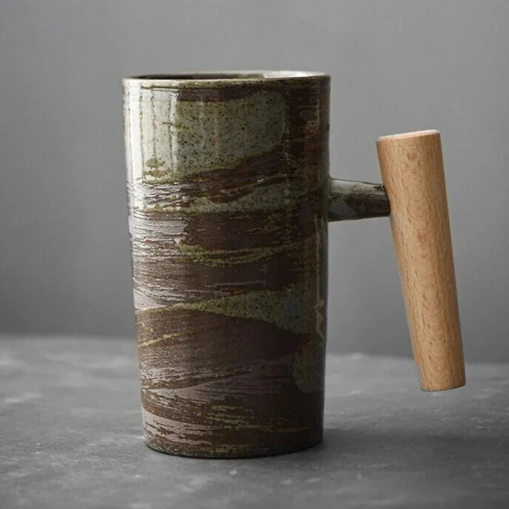 Noordse Design Mok - Minimalistische Mok van Keramiek met Houten Handvat
