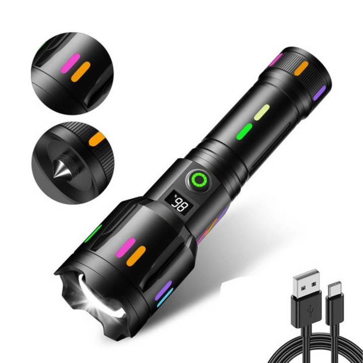 Led Zaklamp met Energieweergave - Oplaadbare , Krachtige Zaklamp met Glasbreker & Usb-c
