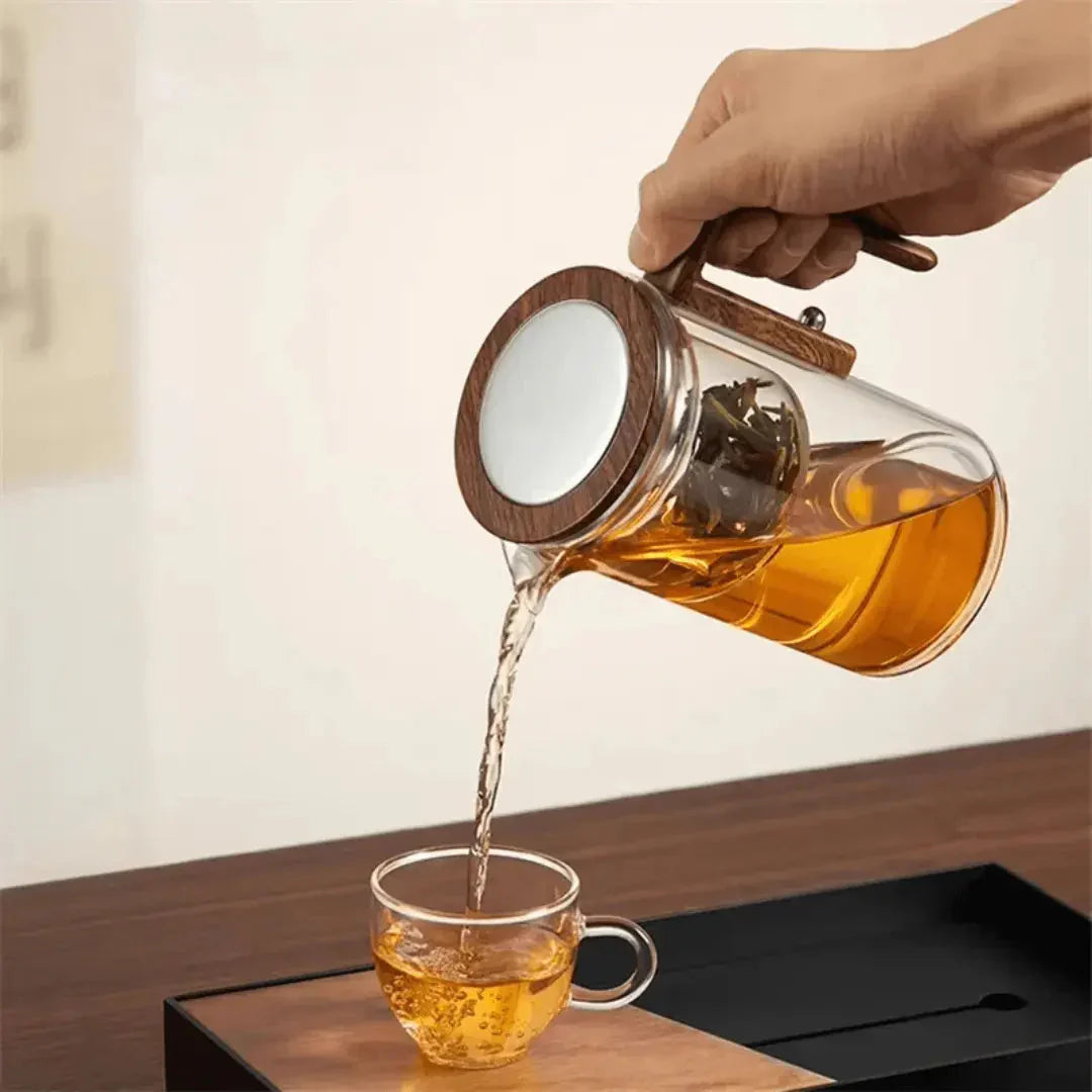 Elegante Glazen Theepot met Houten Handvat - Transparante Theepot om van Thee Te Genieten