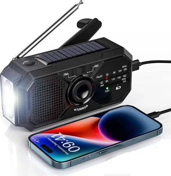 Draagbare Noodradio met Zonnepaneel en Handslinger - Fm/am-ontvangst en Powerbankfunctie