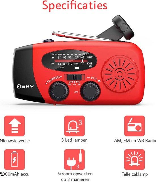 Noodradio op Zonne-energie met Zwengel - Draagbare Dynamoradio met Powerbank & Led Zaklamp