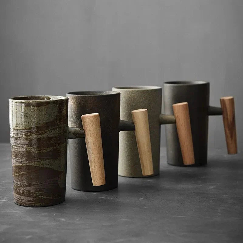 Noordse Design Mok - Minimalistische Mok van Keramiek met Houten Handvat