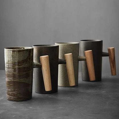 Noordse Design Mok - Minimalistische Mok van Keramiek met Houten Handvat