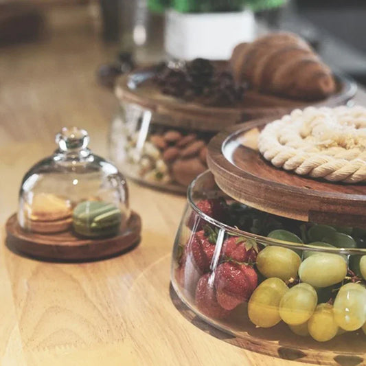 Glazen Schaal met Houten Deksel - Stevige Bewaarschaal voor Snacks en Snoep