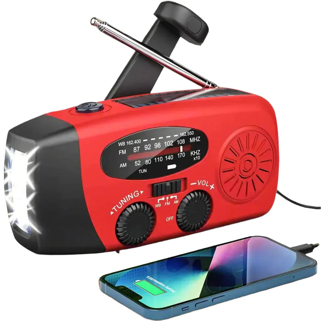 Noodradio op Zonne-energie met Zwengel - Draagbare Dynamoradio met Powerbank & Led Zaklamp
